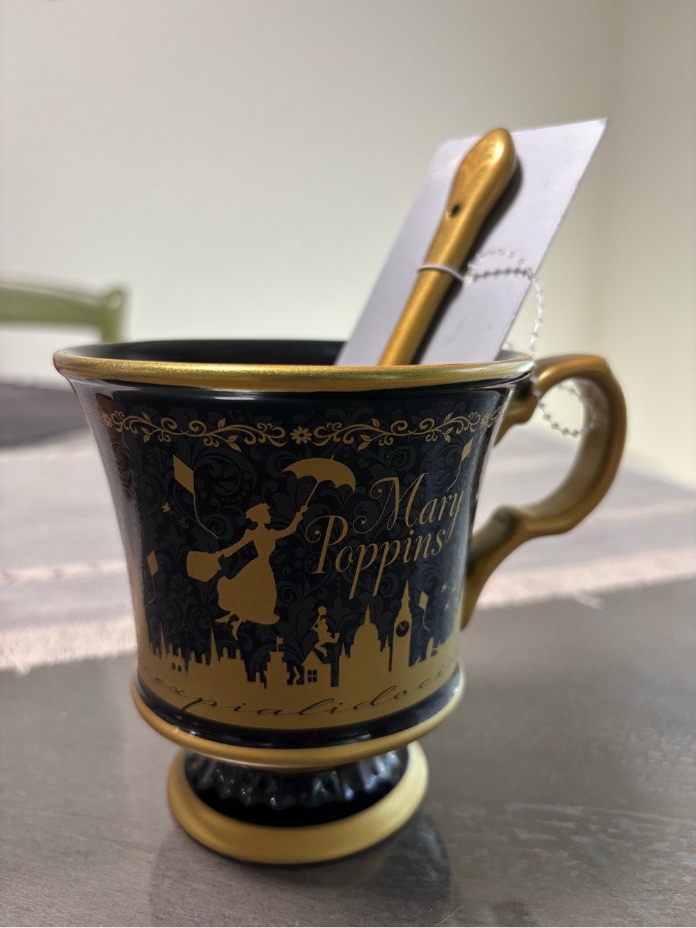 Disney Parks Mary Poppins 60th Anniversary Mug Gold Spoon 2024 Black Gold 11oz